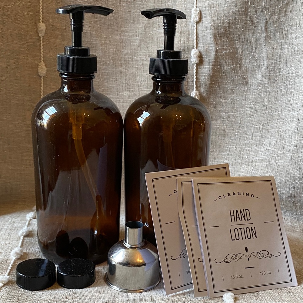 Amber Glass Hand Soap & Lotion Pump Bottles - Set of 2